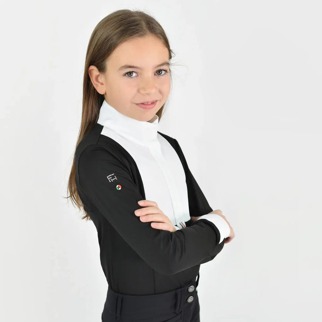 Black For Horses Ariella youth show shirt with a tailored fit and long sleeves, ideal for equestrian competitions.