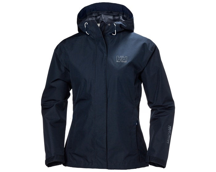 Helly Hansen women's SEVEN J rain jacket in two colors, lightweight waterproof rain coat with hood and adjustable cuffs.