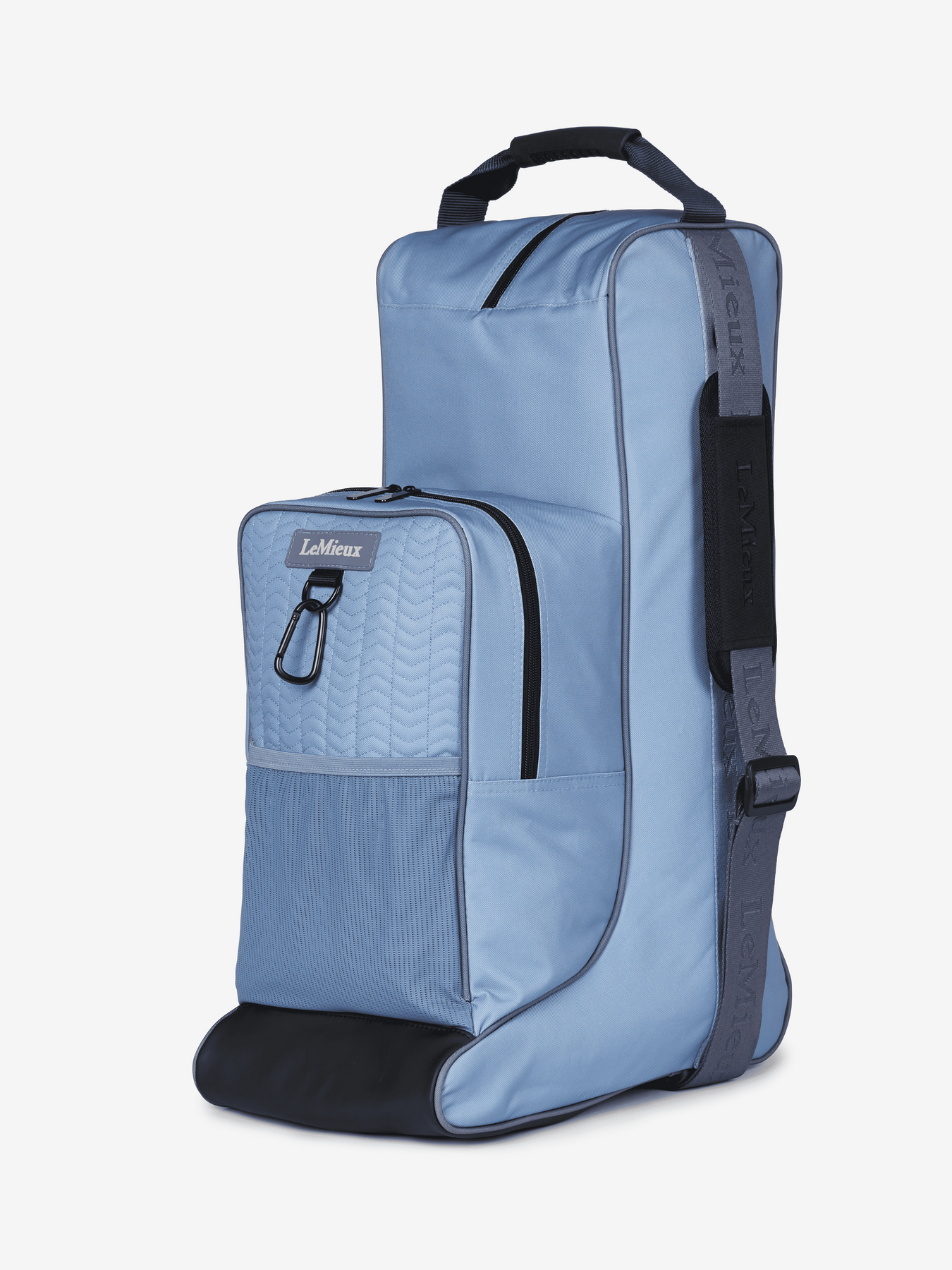 LeMieux powder blue boot and hat bag with zipper closure, designed for storing and protecting riding boots and hats.