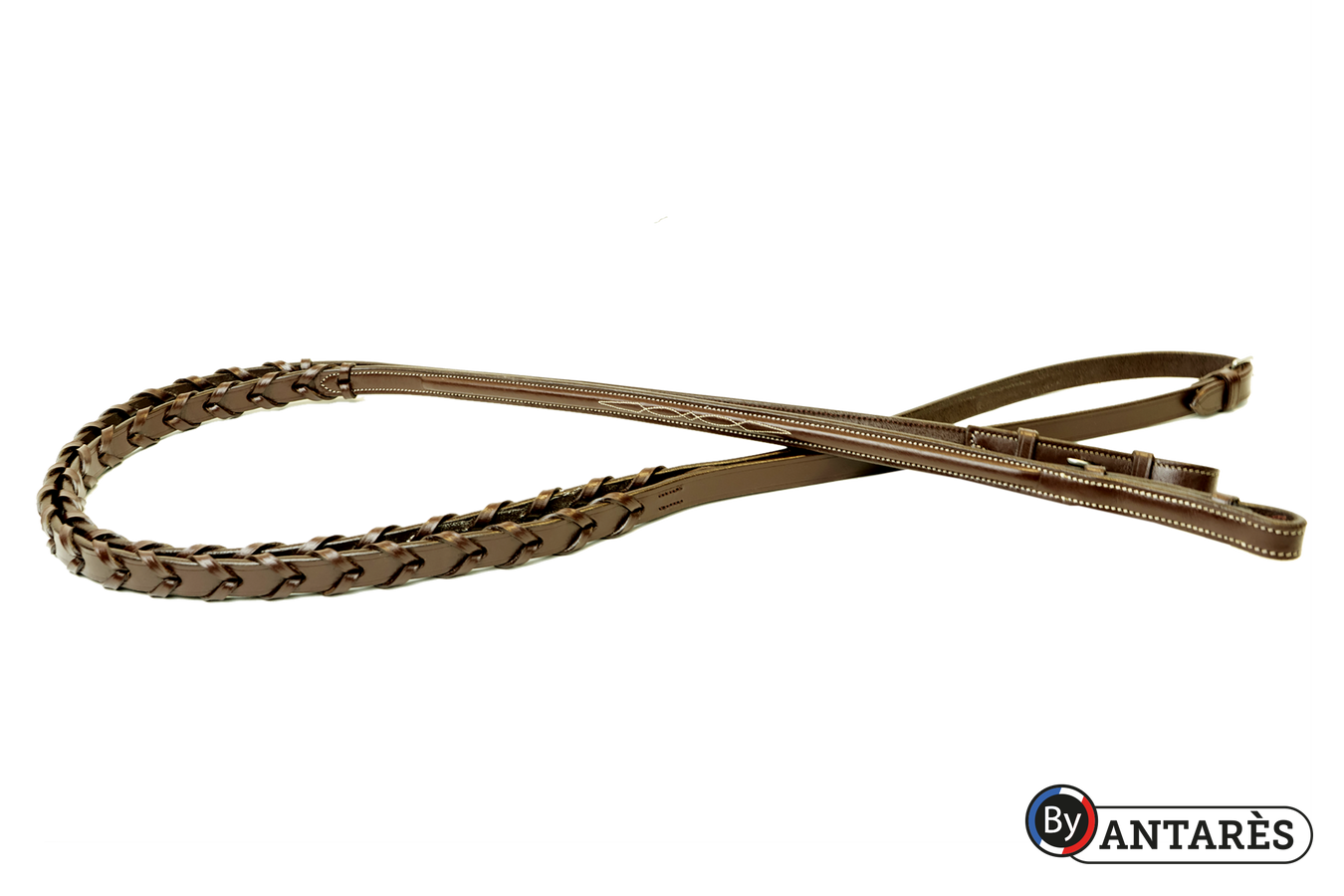 Antares Signature laced leather reins, 5/8 inch wide, showing detailed craftsmanship and high-quality leather for equestrian riding.