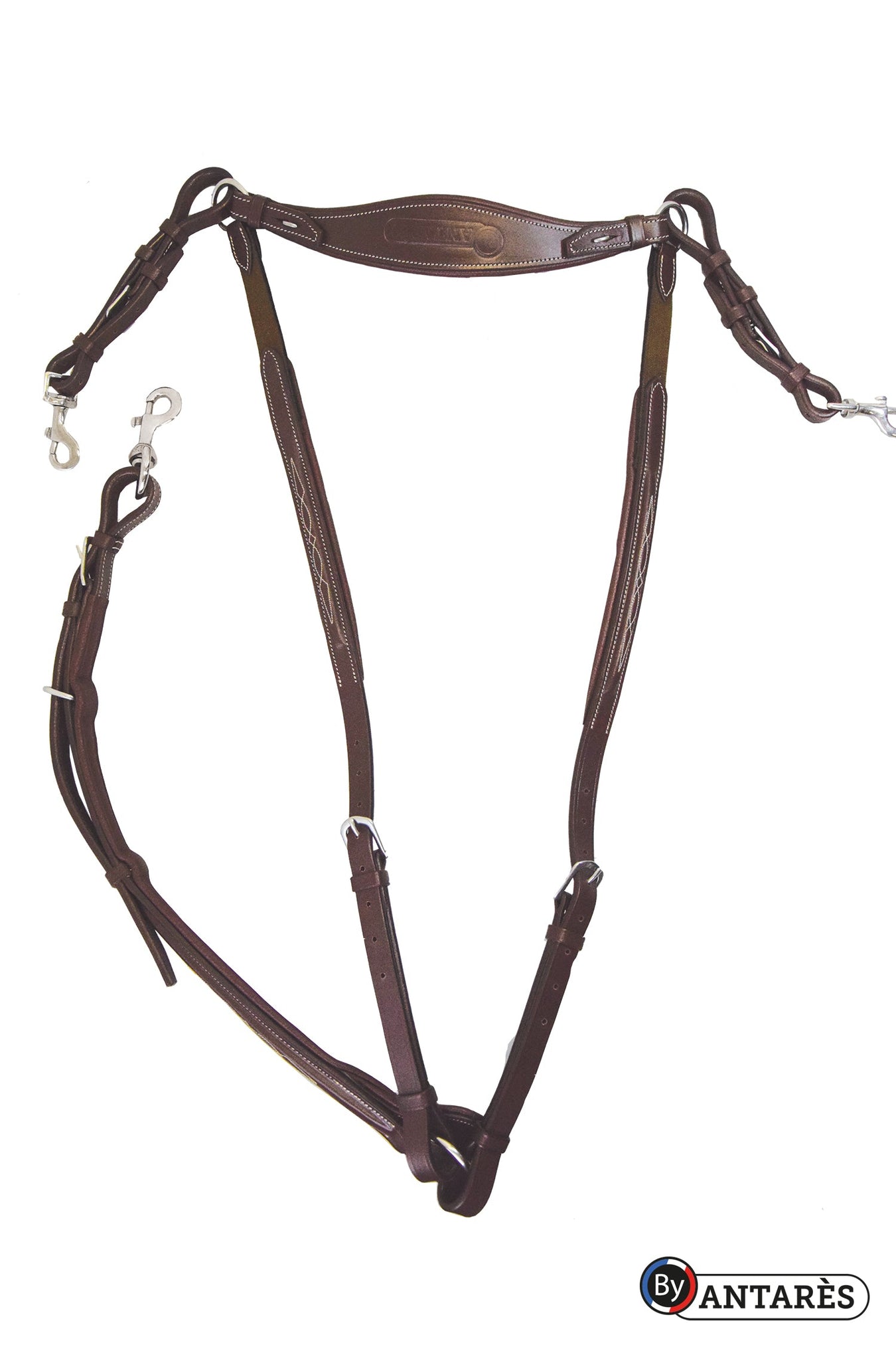 Antares Signature breastplate with bridge, black leather horse tack showing detailed craftsmanship and adjustable straps.