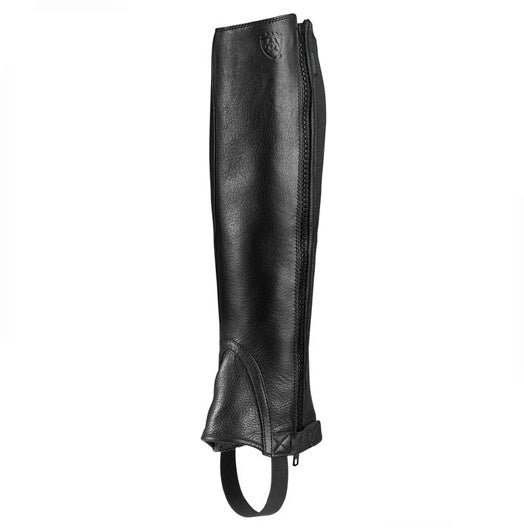 Ariat Breeze Half Chaps in tan leather with elastic panels for a comfortable fit, designed for equestrian riding.
