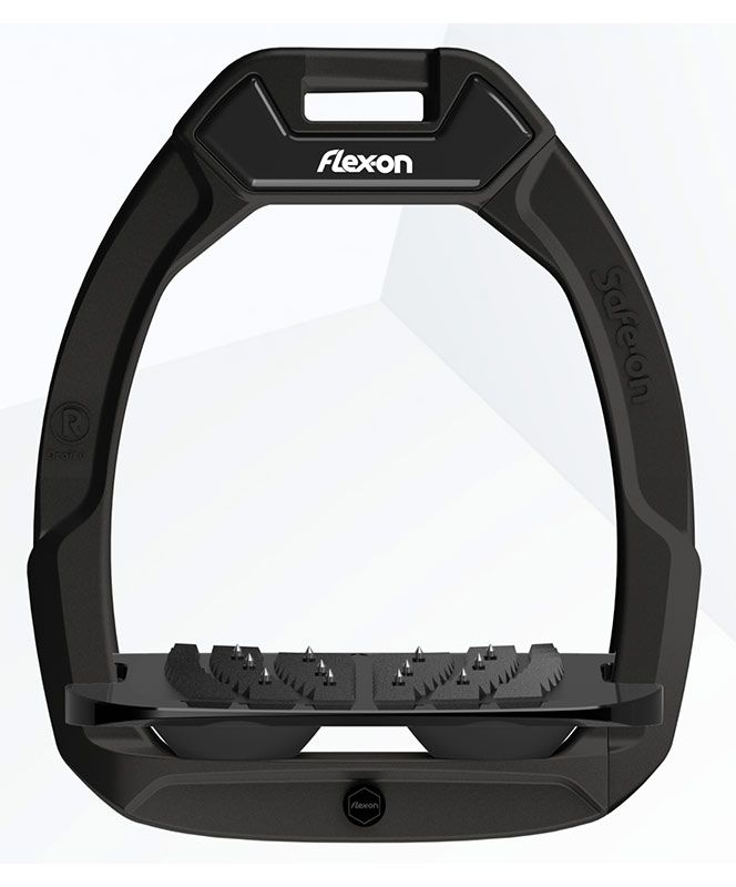 Flex-On Safe-On stirrups in various colors, showing their durable design and safety features for equestrian riding.