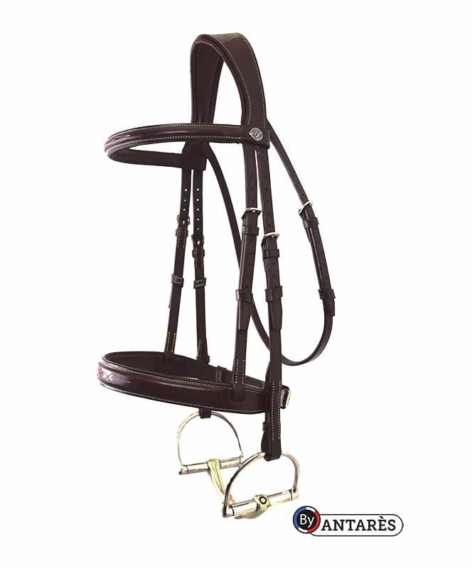 Antares Signature Fancy Hunter Bridle with wide noseband, leather riding bridle for horses, featuring elegant stitching and adjustable fit.