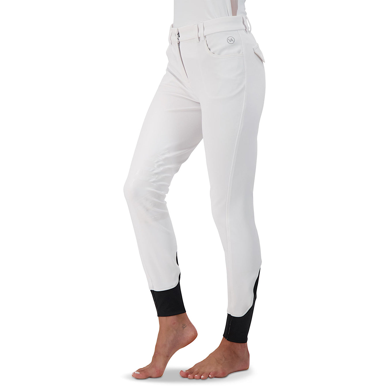 White Vision Apparel The Show Breech 1 riding breeches, front view showing tailored fit and sleek white fabric.