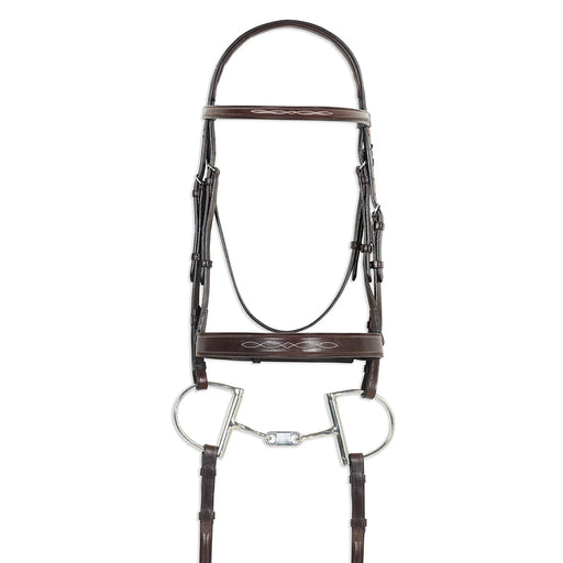 Ovation Classic Raised Comfort Crown Wide Noseband Bridle with Reins by Ger Ryan, showing the leather bridle with padded noseband and reins.