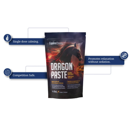 Equine Choice Dragon Paste supplement for horses, 3 x 30ml tubes, featuring a natural herbal formula in a clear plastic tube.