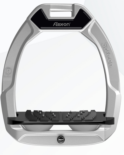 Flex-On Safe-On stirrups in various colors, showing their lightweight design and adjustable features for riding comfort.