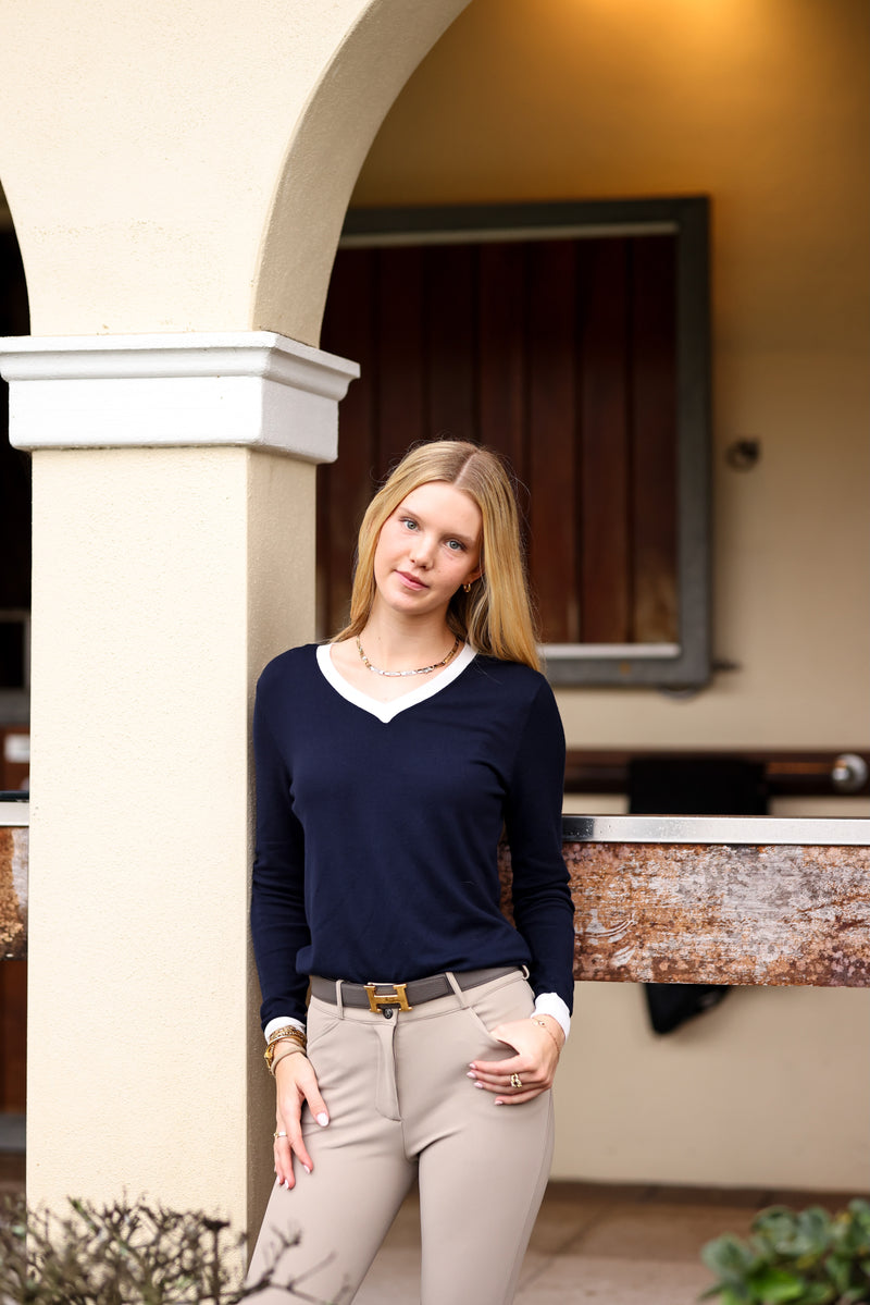 TKEQ The 'ESSENTIAL' Contrast V-NECK  Navy/White