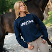 TKEQ Equestrian navy and white printed pullover sweatshirt with equestrian-themed design on a navy background.