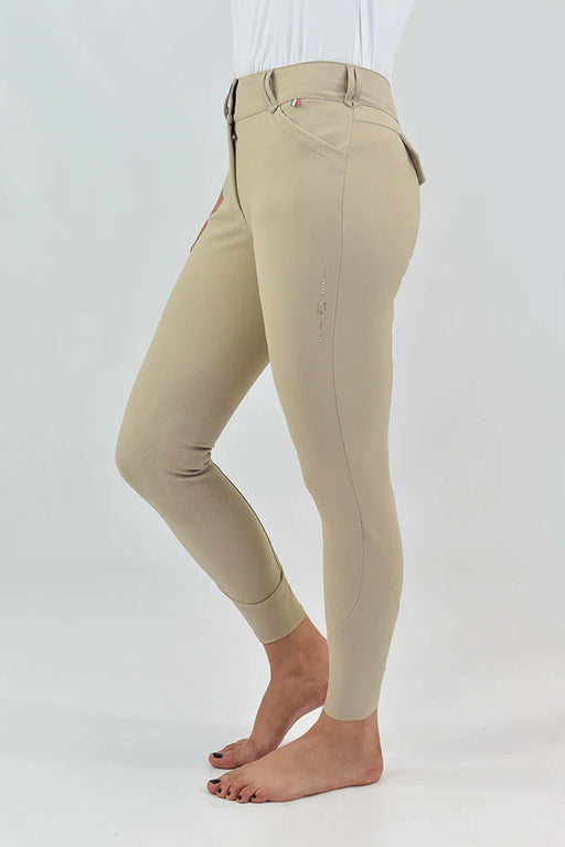 For Horses Ennie Crystal Ultra Move breeches in light tan, close-up of durable fabric and tailored fit for equestrian riding.