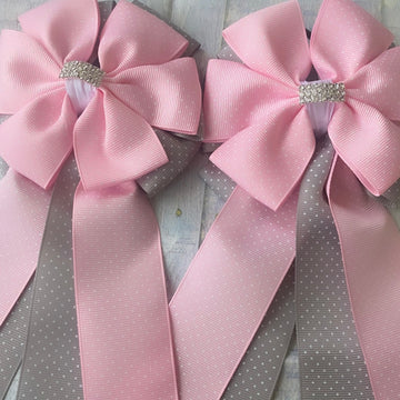My Barn Child Show Bows - Pink and Gray Swiss Dot - Vision Saddlery