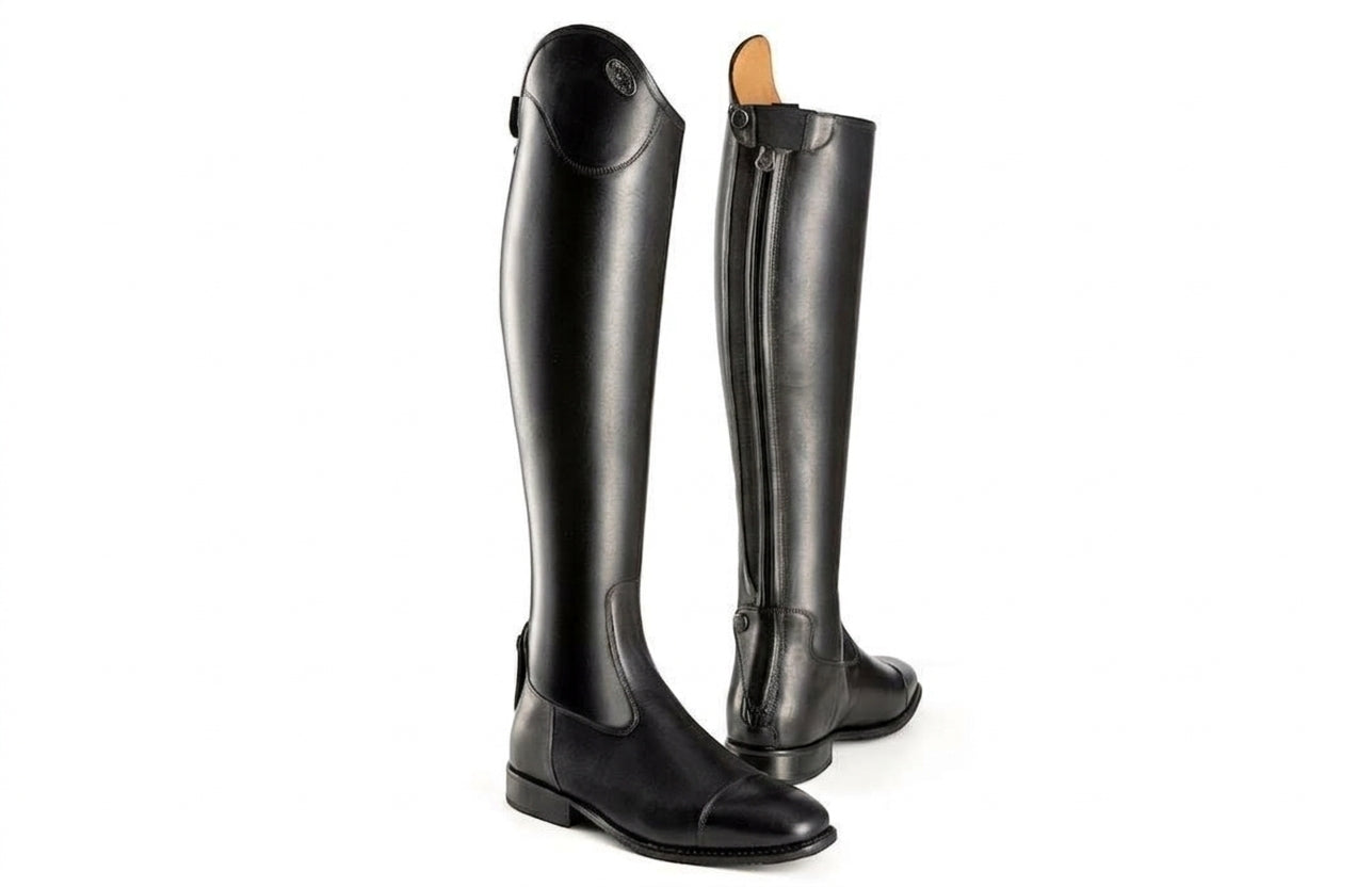 Deniro Amabile Pro 2 tall boots in tricolore leather with sleek design and sturdy sole, ideal for stylish equestrian use