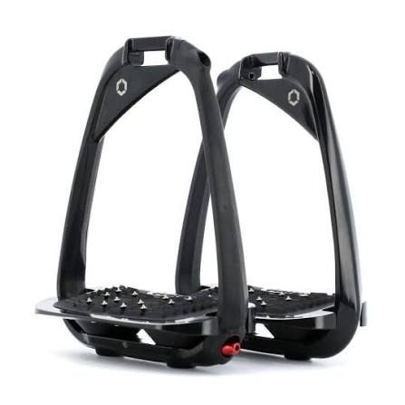 Flex-On Iron-S Inclined Ultra Grip Safety Stirrup showing the ergonomic design and ultra grip footbed for secure riding.