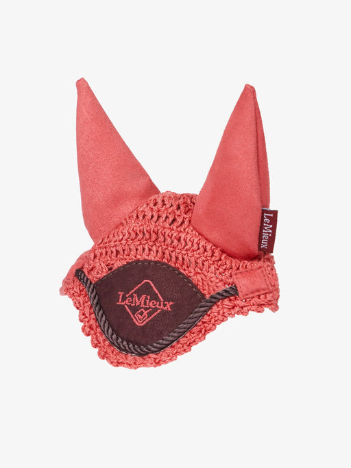 LeMieux toy pony fly hood in cranberry color, made for toy horses, with a soft fabric exterior and decorative design.