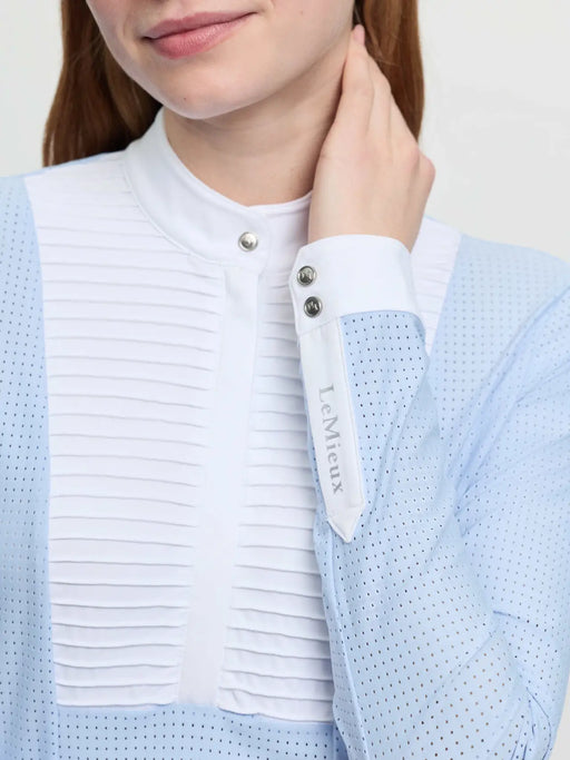 LeMieux Arielle long sleeve show shirt in mist color, lightweight fabric with subtle detailing, designed for equestrian performance and style.