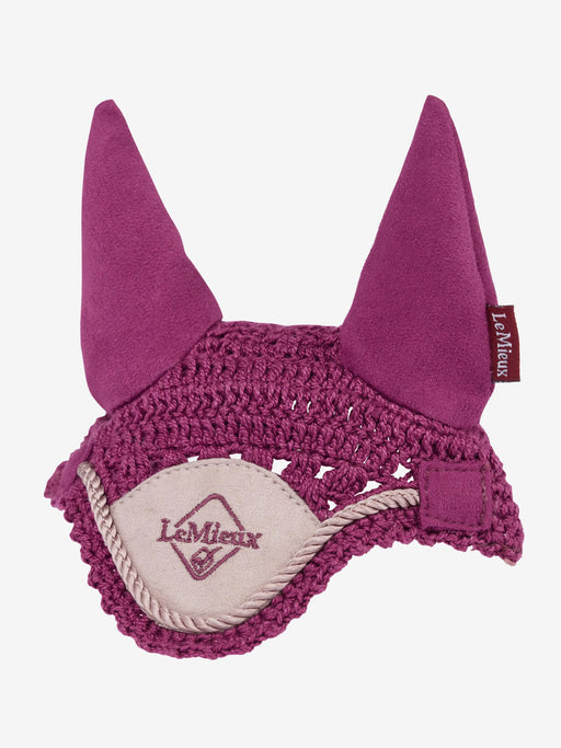 LeMieux toy pony fly hood in blackberry color, soft fabric with ear openings, designed for miniature toy horses.