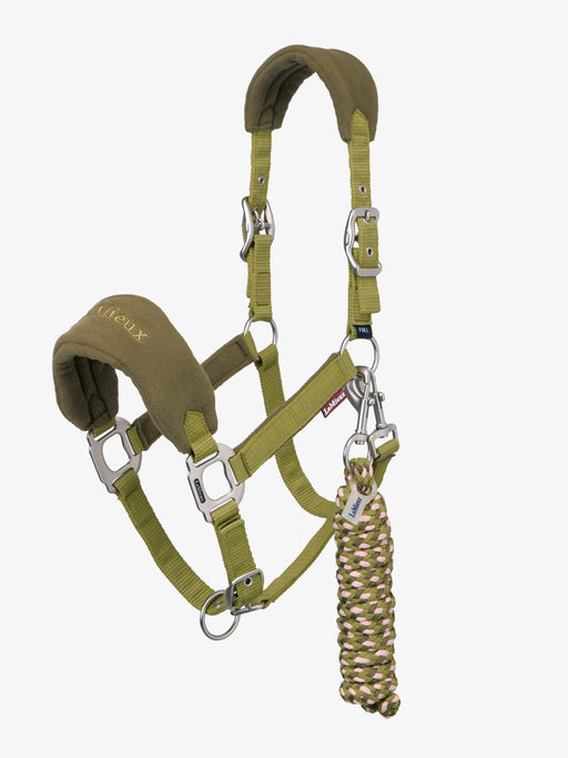 LeMieux Vogue headcollar and leadrope in Gooseberry color, with padded noseband and adjustable straps for horses.