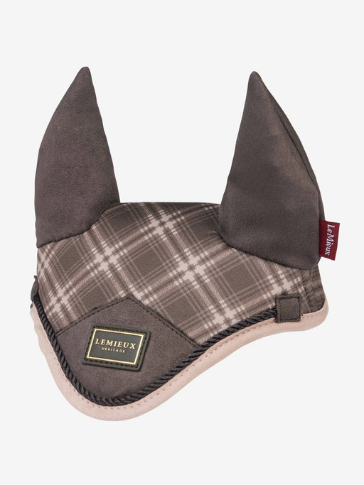 LeMieux Hobby Horse Heritage Fly Hood in cocoa color with mesh ear covers and branding detail, designed for horse protection.