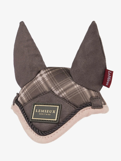 LeMieux Lemieux Toy Pony Heritage Fly Hood in cocoa color, showing soft fabric and detailed stitching on a toy horse.
