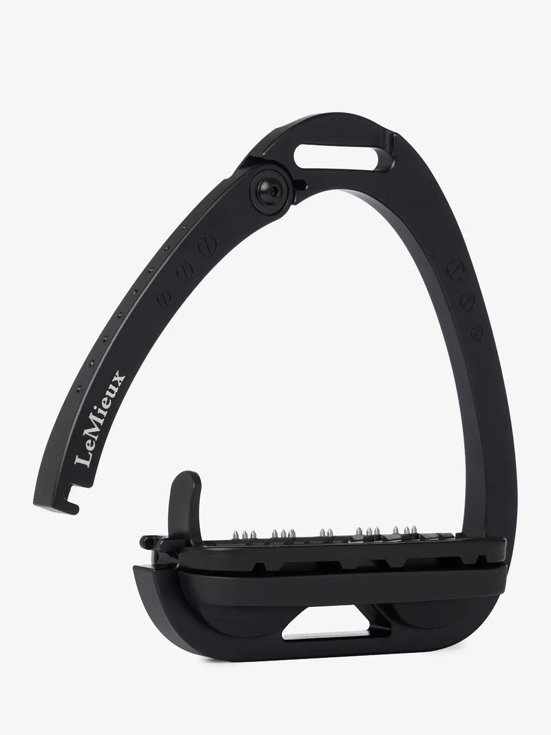 LeMieux Brilliance Vector Balance Stirrup in black, showing a close-up of the sleek, durable stirrup designed for riding comfort.