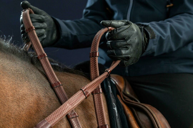 Dy'on D Collection Fancy Stitch Rubber Reins w/ 7 leather loops - Vision Saddlery